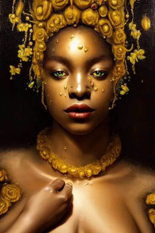 Image similar to hyperrealistic neo - rococo cinematic very expressive! black oshun goddess, open eyes, body in water, mirror dripping droplet!, gold flowers, highly detailed face, digital art masterpiece, smooth eric zener cam de leon dramatic pearlescent teal light, ground angle uhd 8 k, sharp focus