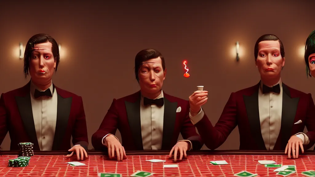Image similar to hyperrealism simulation highly detailed human turtles'wearing detailed tuxedos and smoking, playing poker in sitcom scene from cyberpunk movie from future by wes anderson and denis villeneuve and mike winkelmann rendered in blender and octane render