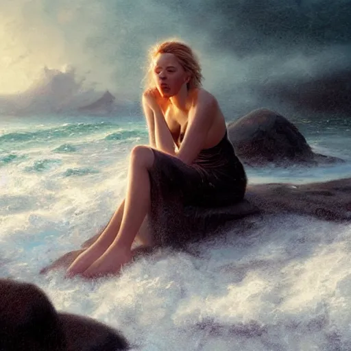 Prompt: scarlett johansson sitting on a rock being lashed by waves and singing, stormy weather, ocean, painting by greg rutkowski