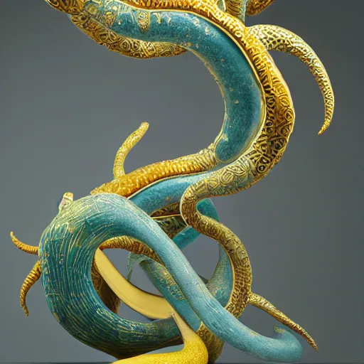 Image similar to ceramic colourful patterned sculptures, soft 3d render, diffused lighting, underwater, atlantis world, gold leaf ceramic pieces and trim, gold lines tentacles, artwork by shary boyle + Yeesookyung