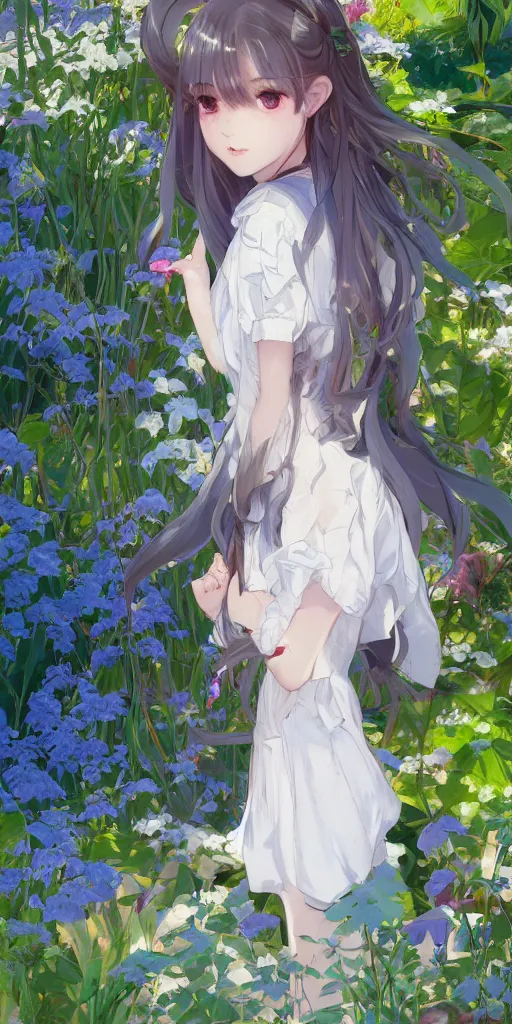 Image similar to a digital art of a loli with long hair in a dress in the privet garden at after noon, green and blue and warm theme, back lighting, highly detailed, 4 k resolution, trending on art station, elegant, depressed, melancholic, by krenz cushart and mucha and akihito yoshida and greg rutkowski and makoto shinkai