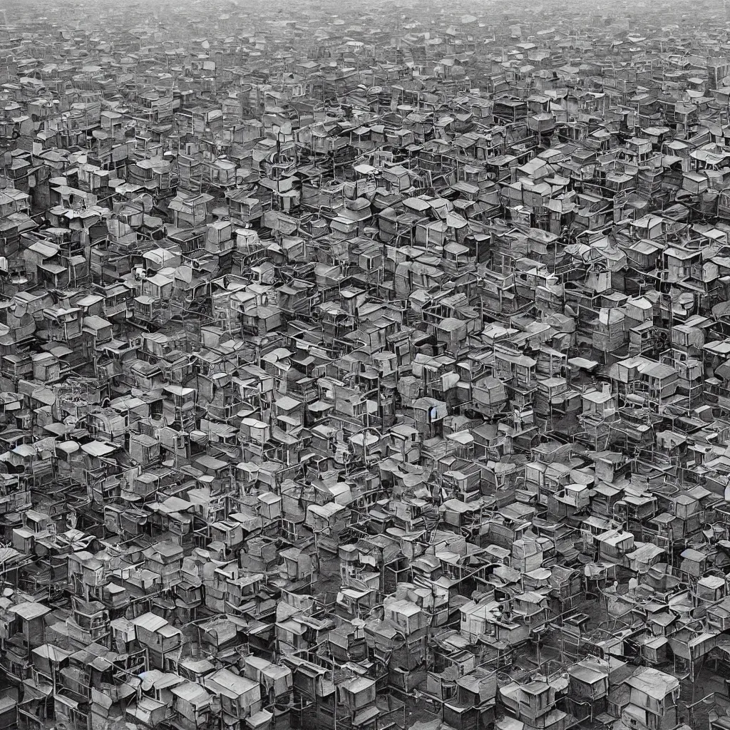 Image similar to colourful vertically densely stacked makeshift squatter shacks, suspended over a quagmire, plain uniform sky at the back, misty, mamiya, ultra sharp, very detailed, photographed by alejandro jodorowsky