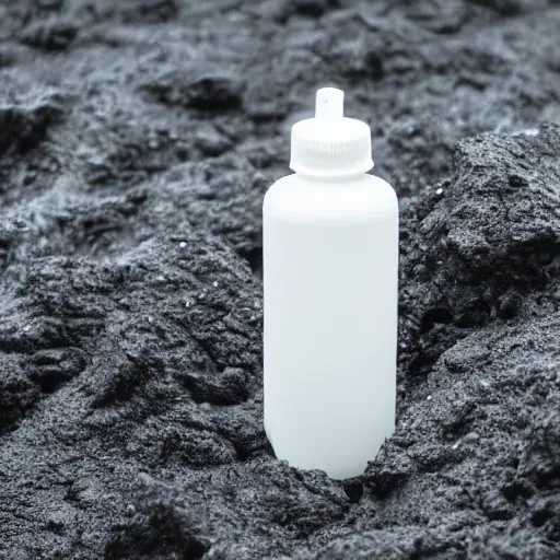 Image similar to symmetrical photo of small white plastic bottle standing in front volcano, products shot