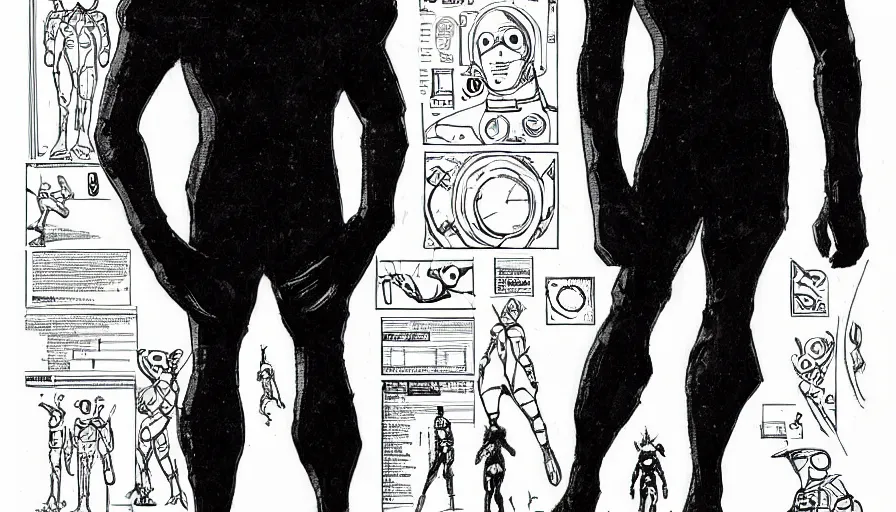 Image similar to male, elongated figure, space suit, sketch, character sheet, very stylized, digital art, illustration, pen and ink, by mike mignola, by alex maleev