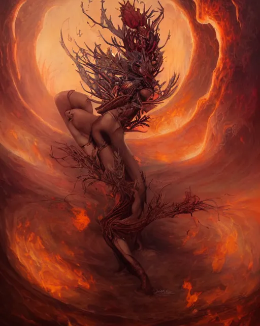 Prompt: liquid smoke and fire nicole aniston, autumn overgrowth, ancient relic archaic burning inscriptions, peter mohrbacher, artgerm, ross tran