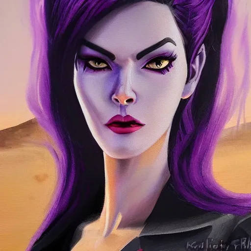 Image similar to oil painting of widowmaker from overwatch in the desert, black and purple jacket, beautiful face, detailed eyes, very detailed face, feminine face, full body