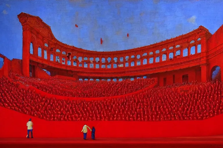 Image similar to only with red, a red great emperor, taormina amphitheatre, expressive crowd with big smile, in the style of beksinski, parts by edward hopper, parts by rodcenko, parts by yue minjun, intricate and epic composition, red by caravaggio, insanely quality, highly detailed, masterpiece, red light, artstation, 4 k