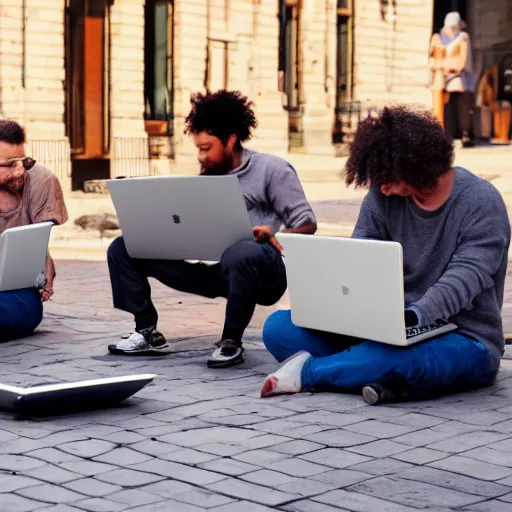 Image similar to a group of realistic bums using laptops near on street, highly detailed, intricate, sharp focus, digital art, 8 k