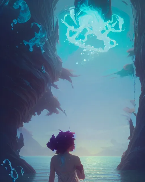 Image similar to highly detailed vfx portrait of a mage casting water spell, unreal engine, greg rutkowski, loish, rhads, beeple, makoto shinkai and lois van baarle, ilya kuvshinov, rossdraws, tom bagshaw, alphonse mucha, global illumination, detailed and intricate environment