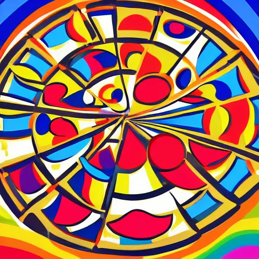 Image similar to A beautiful computer art of a large, colorful bird with a long, sweeping tail. The bird is surrounded by swirling lines and geometric shapes in a variety of colors Pizza Hut, cubic zirconia by William Gropper romantic