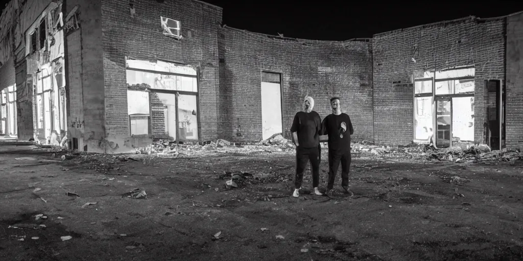 Prompt: 2 guys standing outside of an abandoned broken down derelict jelly factory building with broken windows at night