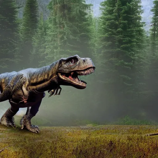 Prompt: a t rex in an canadian forest, 4 k high - resolution photograph, ultra detail, hd photo