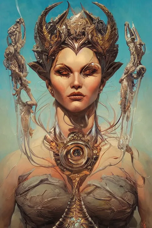 Prompt: An oil painting of the Goddess of Strength. Surrealism concept character design. By karol bak and Eddie Mendoza and Dan Mumford. Stoic and powerful. Intersex. Anime Eyes.