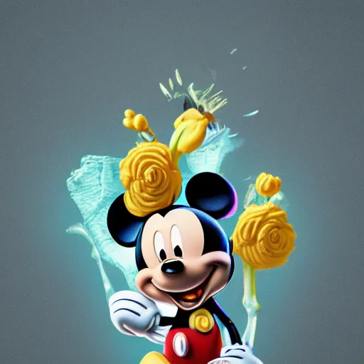 Prompt: mickey mouse head, fractal, broken, flower power, wet, mycelium, radiant alien, rococo, baroque, automotive, bio-mechanical, porcelain, iridescent sub surface scattering, octane render