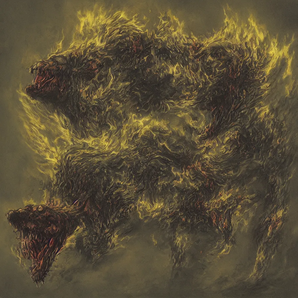 Image similar to demonic and deformed hyena, breathing fire out of its mouth, in the style of zdislaw beksinski