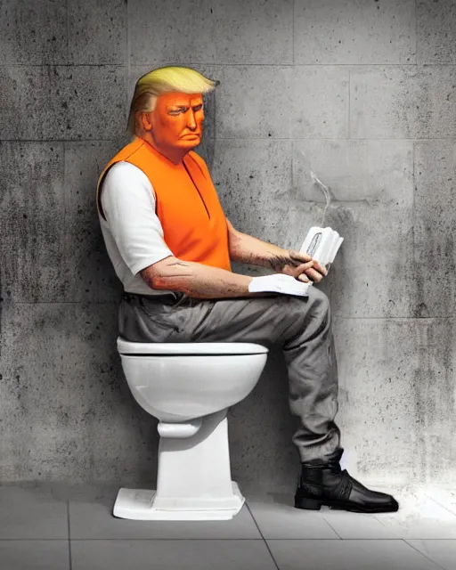 Prompt: a head and shoulders portrait of Donald trump behind bars, wearing a orange jumpsuit, sitting on a toilet holding a bible in a filthy rat infested concrete jail In a maximum security prison, dimly lit, volumetric lighting, arney freytag, craig mullins and Annie Leibowitz, octane, 8k,