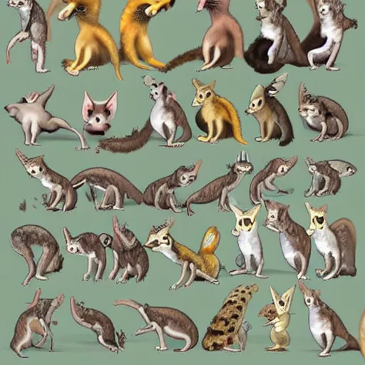 Image similar to A combination of Sugar glider, Tamandua, Gerenuk, Cuttlefish, Gecko, Sand cat, Bee hummingbird, Tree kangaroo, Racoon dog, Pygmy hippopotamus , Leafy sea dragon, Elephant Shrew, Quokka, Margay, Klipspringer, Fennec Fox, Tawny frogmouth, Tarsier, Quetzal, Star-nosed mole