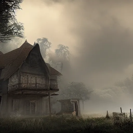 Prompt: Village, horror, fog, foster, highly detailed, game, one house, fear, hyper realistic, atmospheric lighting