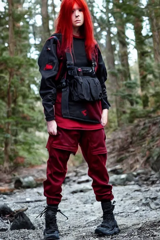 Image similar to beautiful red haired woman in techwear, warcore look and clothes, ACG, ACRNYM, Rick Owens, trending on r/streetwear, outfit photo, we see them from head to toe