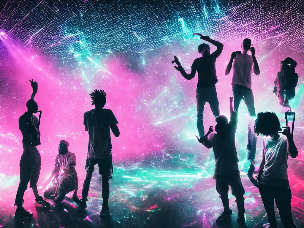 Prompt: millennial hipsters rapping in living room, holding microphone, epic pose, silhouetted, distinct figures, psychedelic hip-hop, laser light show, fog, beams of light