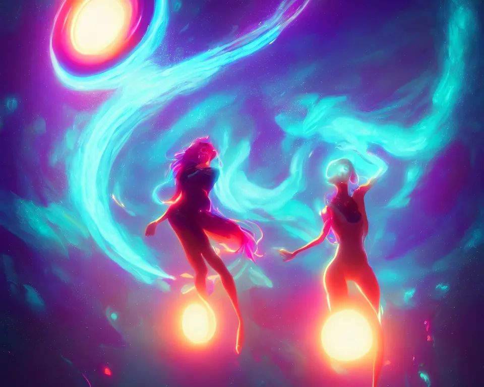 Image similar to a beautiful whimsical woman standing under a multi-colored binary blackhole with an accretion disc, casting magic, glowing trails following her arms, acidwave, by Lois van Baarle, by Greg Rutkowski, by artgerm, by beeple, by studio ghibli, cinematic angle, volumetric lighting, 4k resolution, octane render, trending on artstation, masterpiece