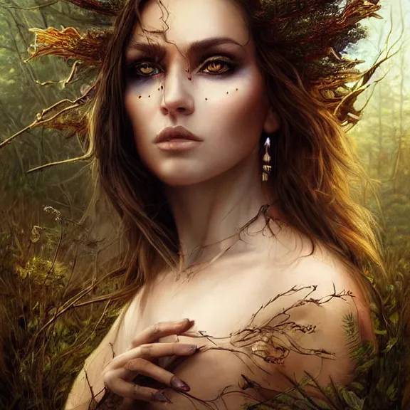 Image similar to a higly detailed full body shot portrait painting of a sorceress with piercing beautiful eyes, standing in a forest meadow, morning, dynamic lighting, ambient lighting, deviantart, art by artgerm and karol bak and mark brooks