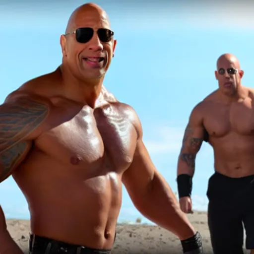 Prompt: wrestlemania starring dwayne the rock johnson as vin diesel