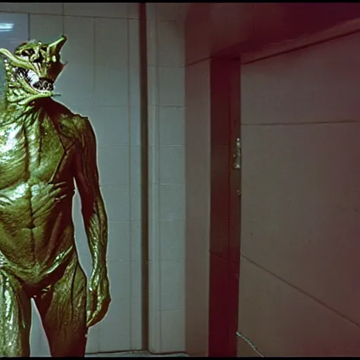 Image similar to 1 9 8 0 s sci - fi movie, still frame, skinned monster demon in hi - tech corridor, photorealistic