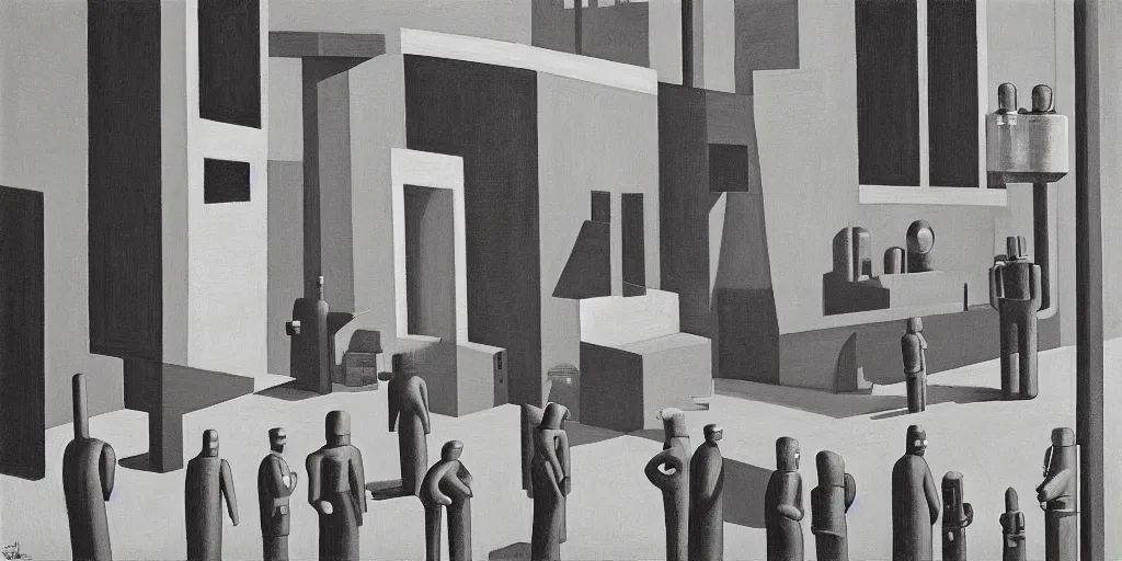 Prompt: robots queue up in a stark brutalist town, street elevation, grant wood, pj crook, edward hopper, oil on canvas