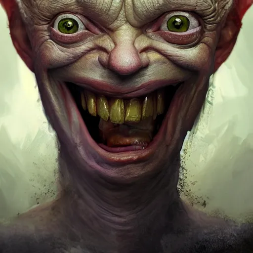 Image similar to donald trump as gollum, smiling, portrait, intricate, detailed, volumetric lighting, scenery, digital painting, highly detailed, artstation, sharp focus, illustration, concept art, ruan jia, steve mccurry