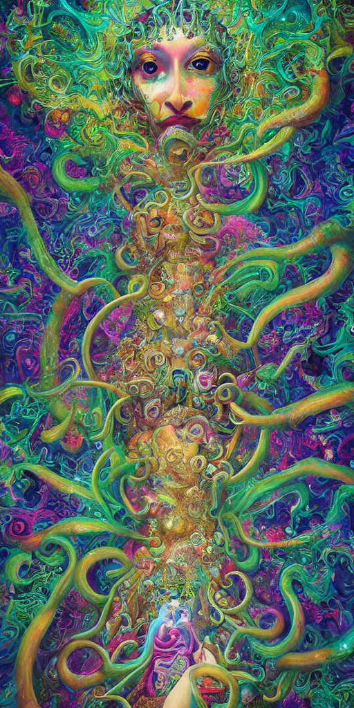 Prompt: a beautiful acrylic painting of deep psychedelia portraying universal consciousness of the infinite by hanna yata, geenss archenti flores, ben ridgway, intricate, elegant, highly detailed, digital painting, artstation, concept art, ambient occlusion, vray render,