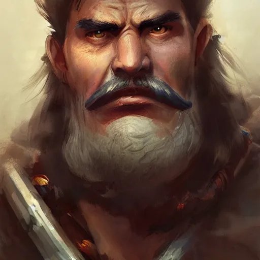 Prompt: portrait old barbarian warrior with big trucker mustache and short hair, 8 k, trending on art station, by tooth wu and greg rutkowski