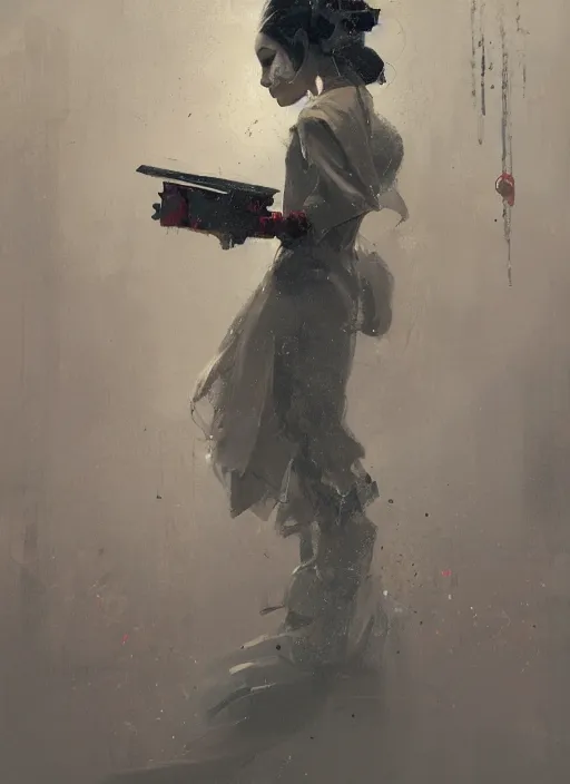 Prompt: geisha robot, rule of thirds, intricate outfit, spotlight, by greg rutkowski, by jeremy mann, digital painting