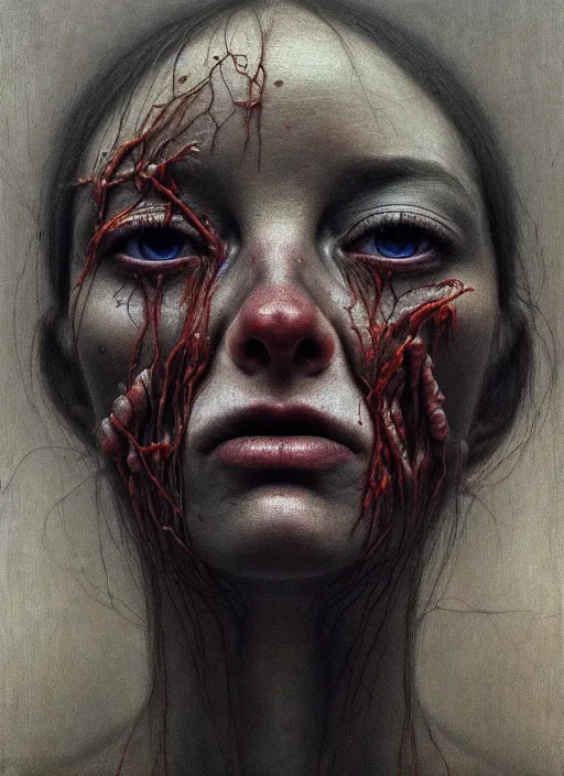 Prompt: there is ugliness in beauty, but there is also beauty in ugliness detailed portrait painting inspired by beksinski and alex gray, accurate anatomy, haunting cinematic photography, vintage grain, by jenny saville, trending on artstation. 8 k