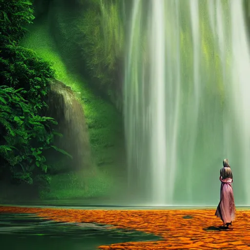 Prompt: a woman stands in front of a waterfall, green and orange color scheme, morning, artstation,