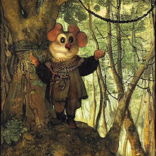 Prompt: an adventurous anthropomorphic mouse wearing medieval clothing walking through a lush forest, an anthropomorphic owl is watching him from the tree tops, vasnetsov, Rembrandt