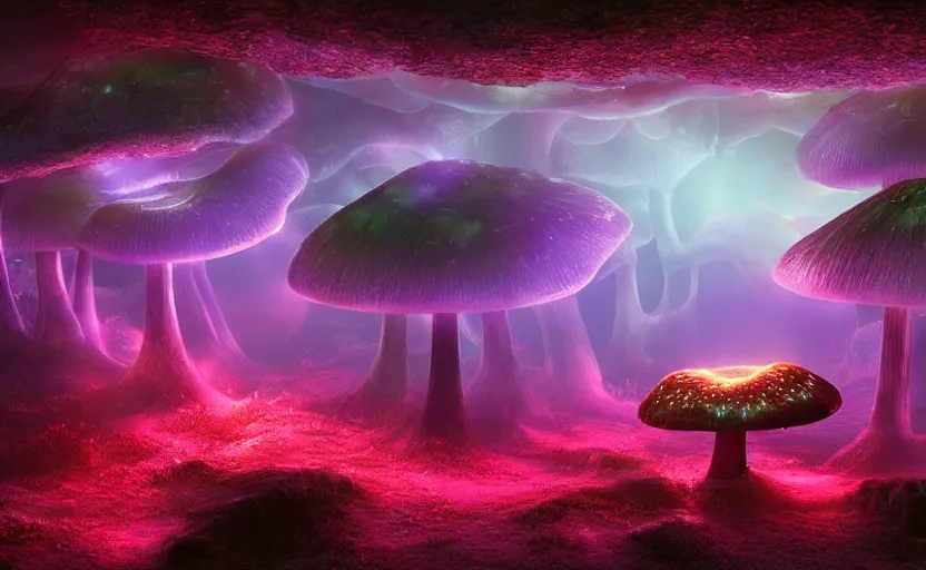 Prompt: a beautiful and stunning professional digital artwork of a glowing mushroom cave, haze, spores floating in the air, ruby geodes, waterfall, volumetric lighting, hyperrealistic, rtx on, ultra detail