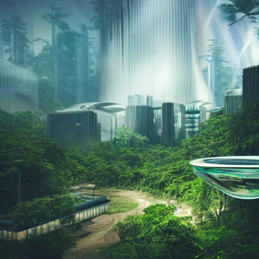 Image similar to an expansive view of a futuristic containment building in a rainforest valley with a futuristic city in the distance, tropical, national geographic, hyper realistic, 4 k, hazy light