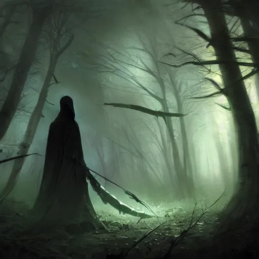 Prompt: ''cinematic shot'' dark hooded mage ( spectre ) using his magic to create zombies in the dead forest with leaves falling simetrical 8 k atmosferic realistic made by ivan aivazovsky, peter mohrbacher, greg rutkowski volumetric light effect broad light oil painting painting fantasy art style sci - fi art style realism premium prints available artwork unreal engine