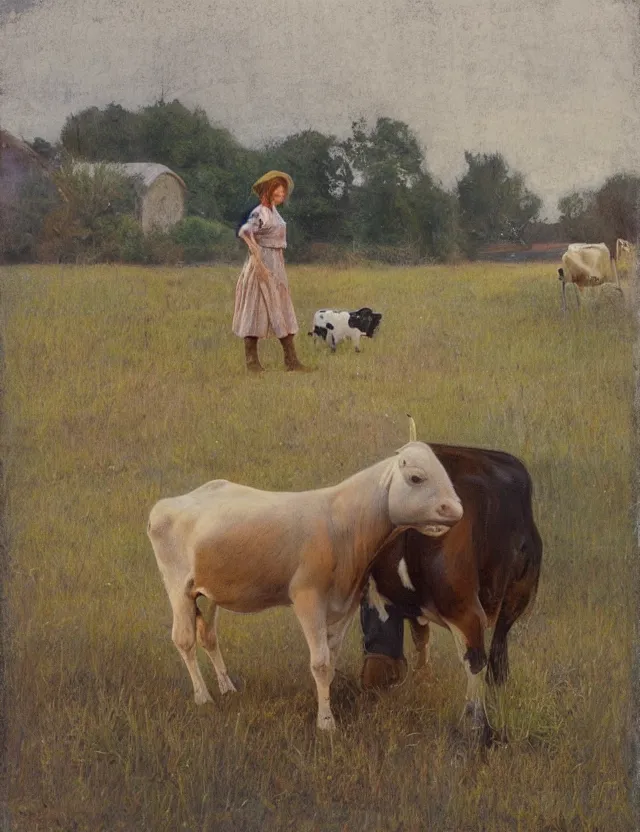Image similar to portrait of peasant girl and cow on a farm, cottage core, polaroid photo bleached vintage pastel colors high - key lighting, soft lights, foggy, by steve hanks, by lisa yuskavage, by serov valentin, by tarkovsky, 8 k render, detailed, oil on canvas