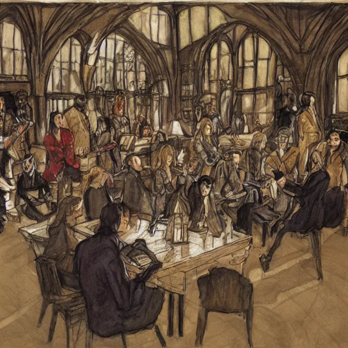 Image similar to Harry Potter in the Hogwarts common room, drawn by Mikhail Vrubel