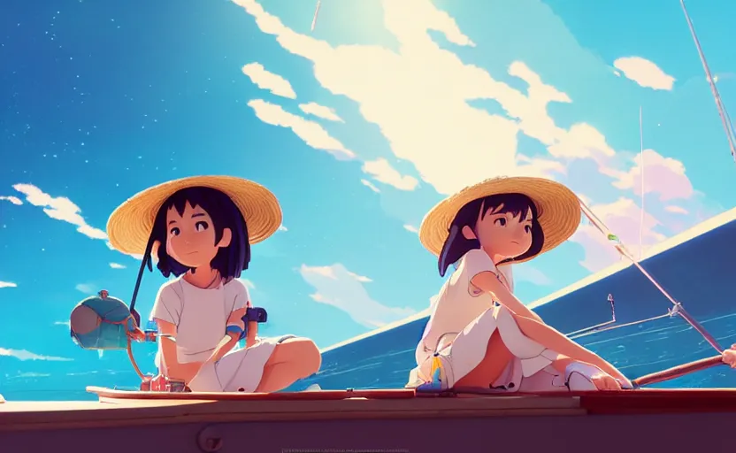 Image similar to a movie still from a space opera studio ghibli animation of a cute woman on a fishing boat wearing a sunhat, studio ghibli, pixar and disney animation, sharp, rendered in unreal engine 5, anime key art by artgerm and pascale campion, beautiful dramatic lighting