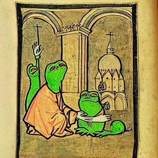 Prompt: page from a 1 4 th century monk's illustrations of the holy!! pepe the frog!!
