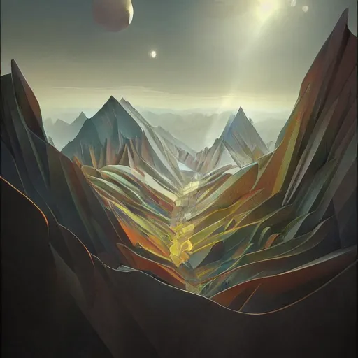 Prompt: a hyperrealistic illustration of Cubism Mountain Range, Cubism Mountain Range with fractal sunlight, award-winning, masterpiece, in the style of Tom Bagshaw, Cedric Peyravernay, Peter Mohrbacher