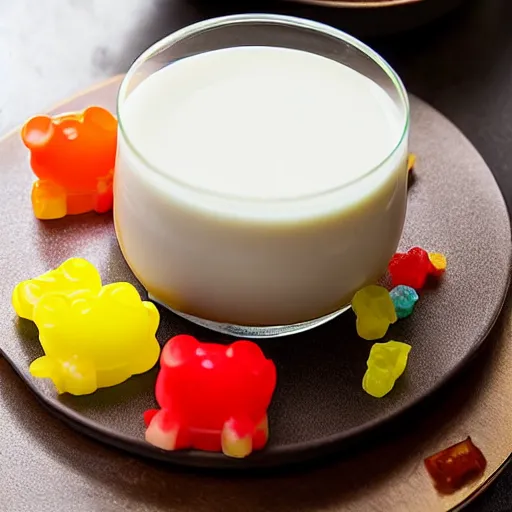 Image similar to Suudsu, skim milk with gummy bears floating in it, Food Network recipe photograph.