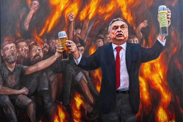 Image similar to viktor orban drinking beer and cheering at the apocalyse in front a burning city, highly detailed eyes, oil on canvas