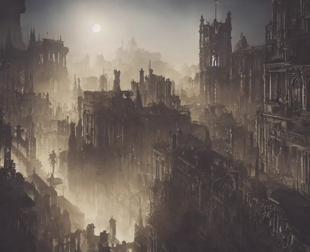 Prompt: silhouette of a skeleton above a victorian city, epic painting, dark fantasy, octane render, extremely detailed