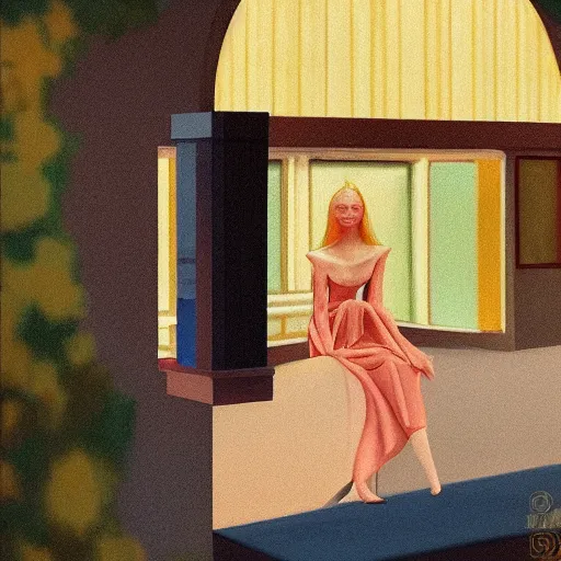 Image similar to Elle Fanning, head and shoulders masterpiece, in Kotor, golden hour, in a garden, artstation, in the style of Art Deco and Edward Hopper and Bosch, extremely detailed