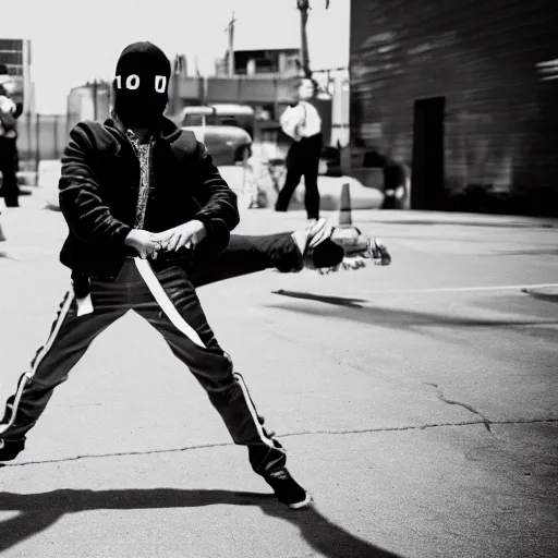 Prompt: Film still of Los Angeles Vice Squad (2012). Thug ninja break dance scene. Sigma 85mm f/8