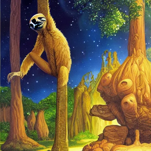 Prompt: a sloth who is a wise old wizard by Larry Elmore, and by Boris Vallejo, fantasy 1980s illustration